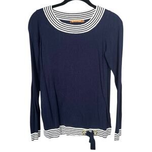 Belldini Navy Blue Knit Top with Striped Trim and Tie Hem Detail - M